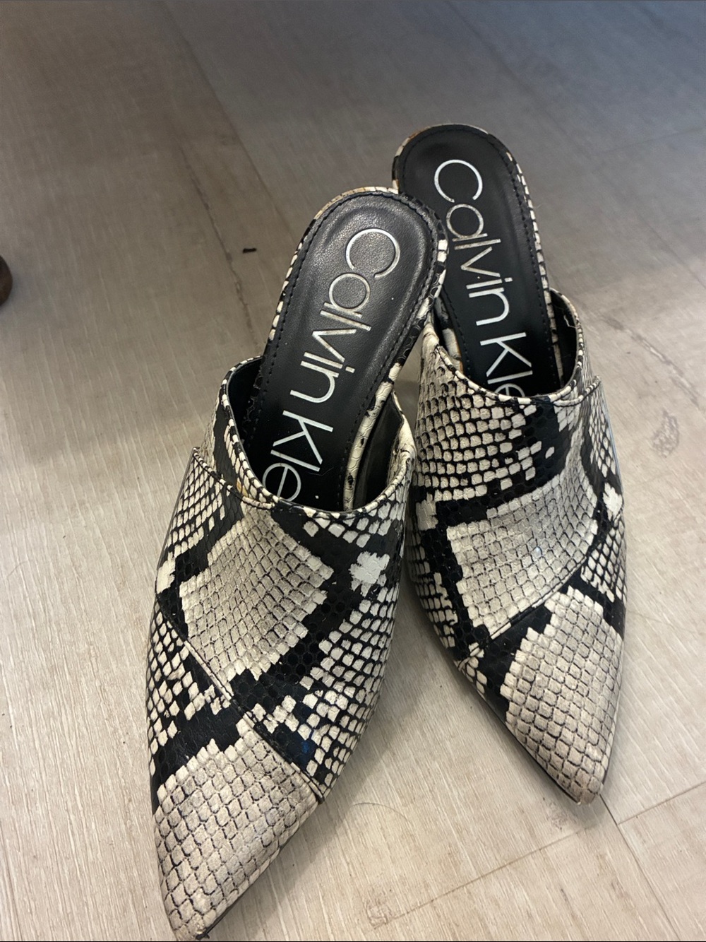 Calvin Klein Black & White Snake-Print Pointed Mule